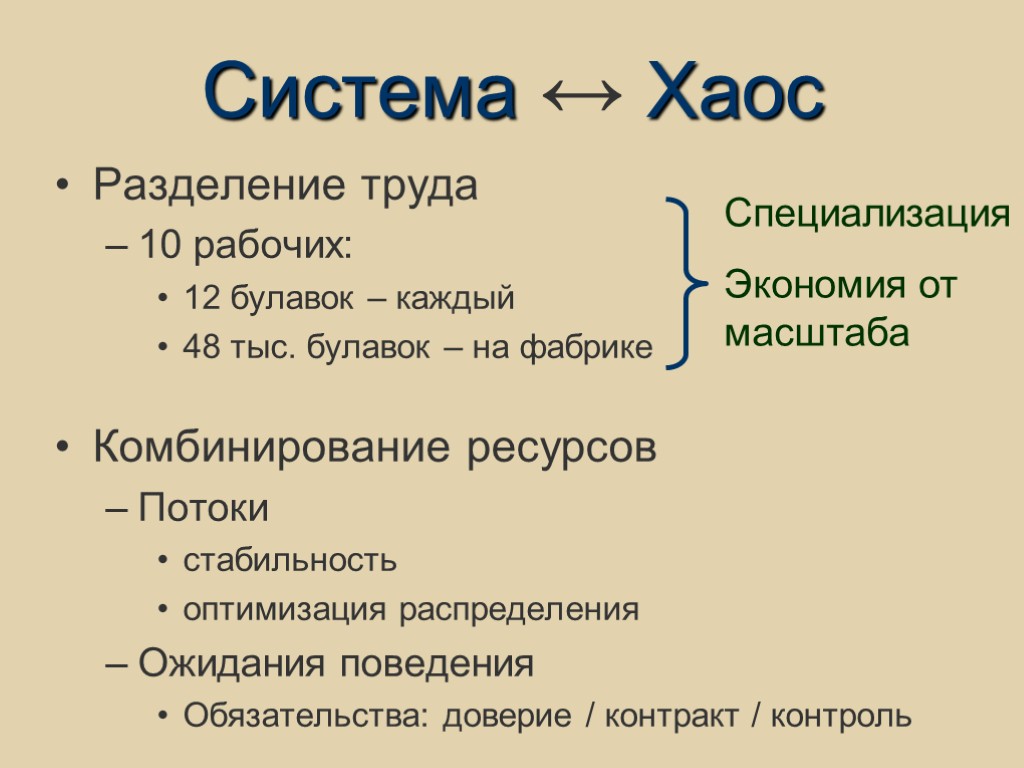 Система ↔ Хаос Разделение труда 10 рабочих: 12 булавок – каждый 48 тыс. булавок